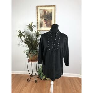 Madison Women's Size Small Black Henley Popover Shirt 100% Linen Preppy Academia